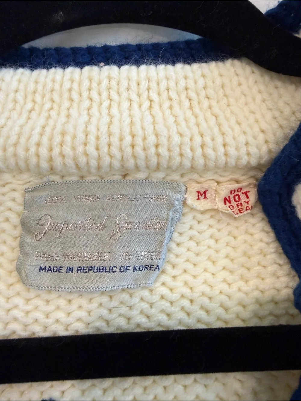 Vintage Women's Cream Knit Cowl Sweater with Blue & Green Trim